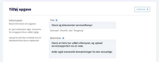 Opgave til tjek of dokumentering af service fra ekstern leverandør, i OnLion.